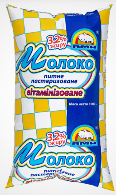 Молоко питне АМА 3,2% пастеризоване, вітамінізоване, для дітей від 2-х років, 1000г